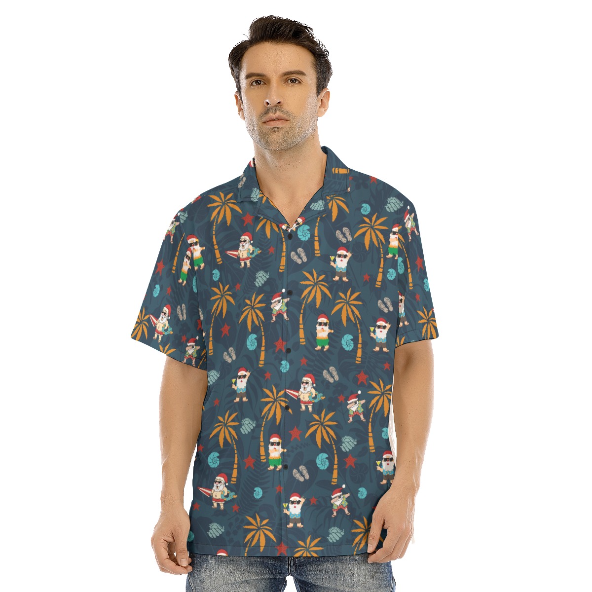 Funny Santa On Beach Navy Hawaiian Shirt - variant image 1