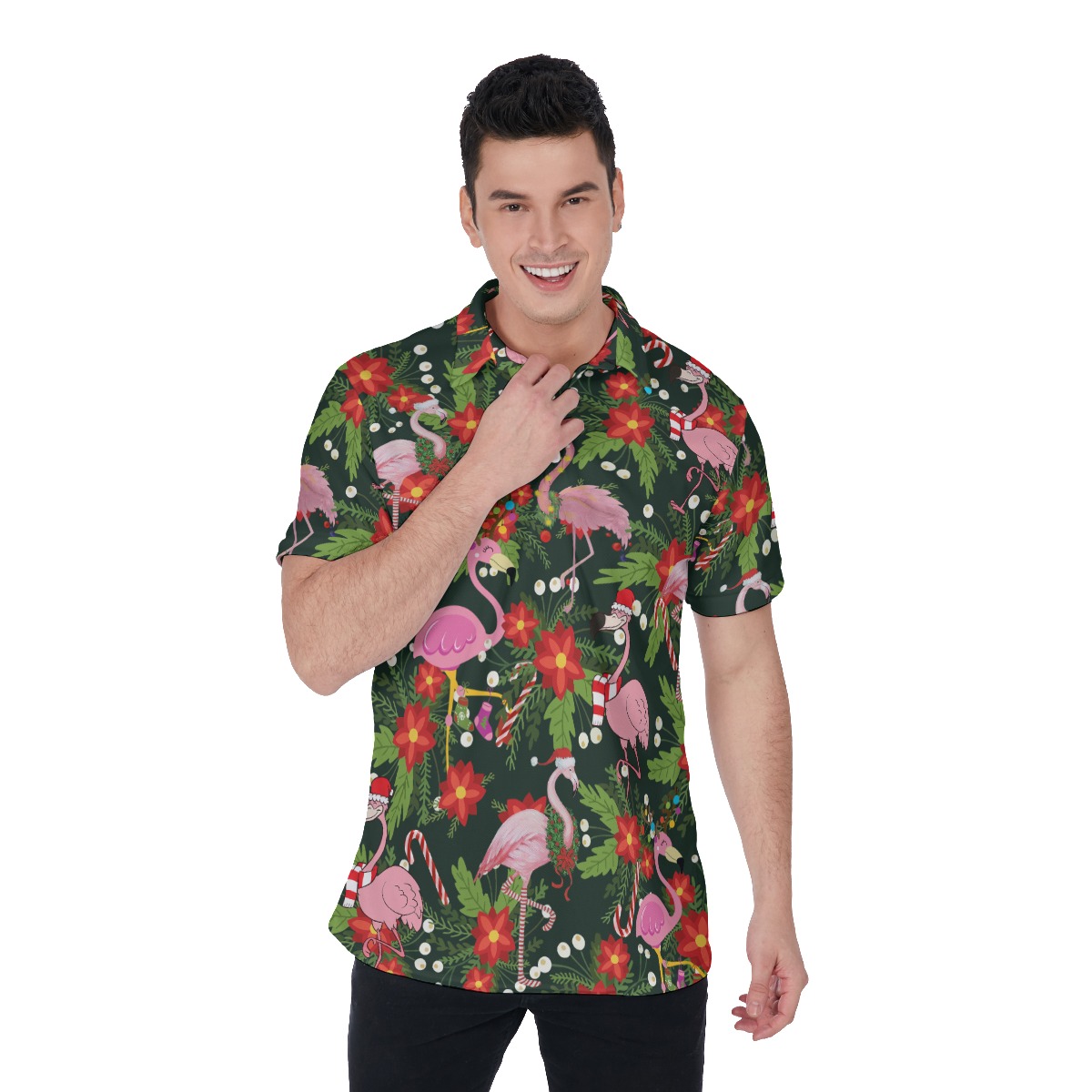 Floral Christmas Flamingo Polo Hawaiian Shirt For Men - variant image 1