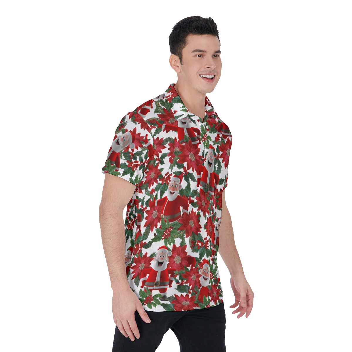 Men's Happy Santa Christmas White Polo Hawaiian Shirt