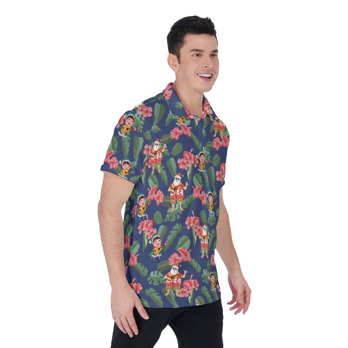 Men's Floral Musical Santa Polo Hawaiian Shirt