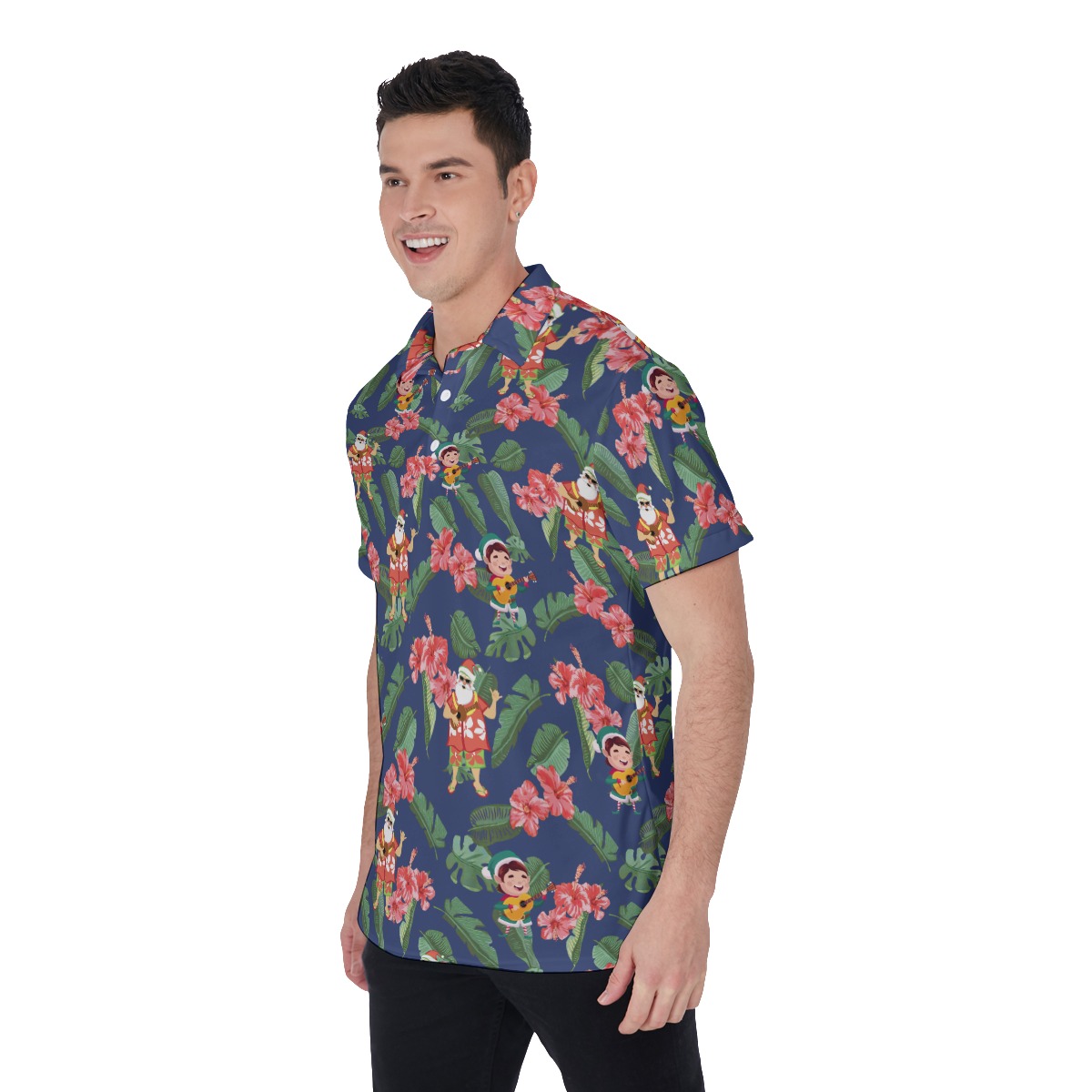 Men's Floral Musical Santa Polo Hawaiian Shirt
