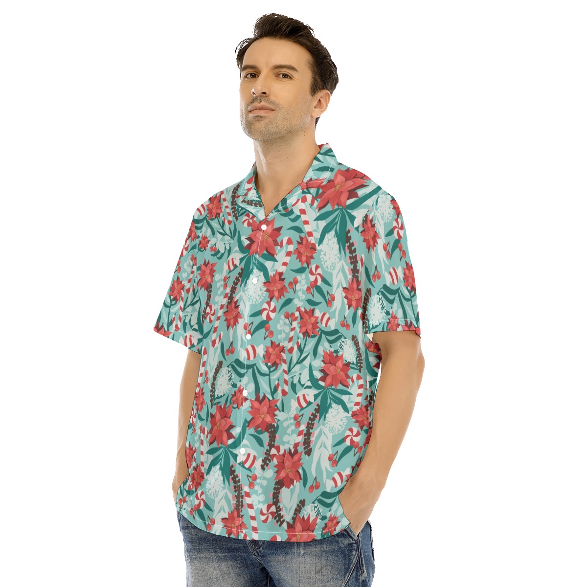 Floral Candy Christmas Blue Hawaiian Shirt