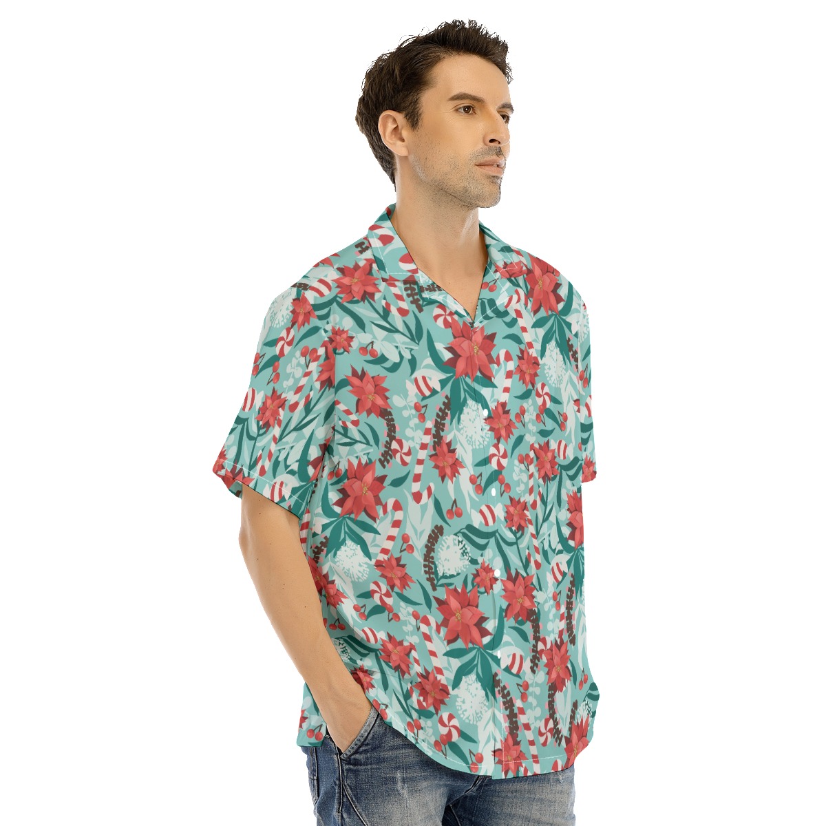 Floral Candy Christmas Blue Hawaiian Shirt