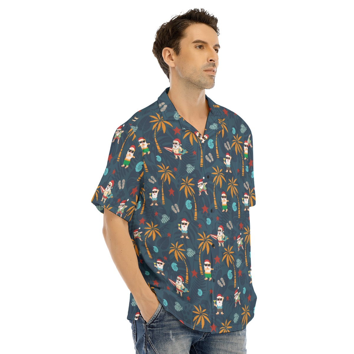 Funny Santa On Beach Navy Hawaiian Shirt