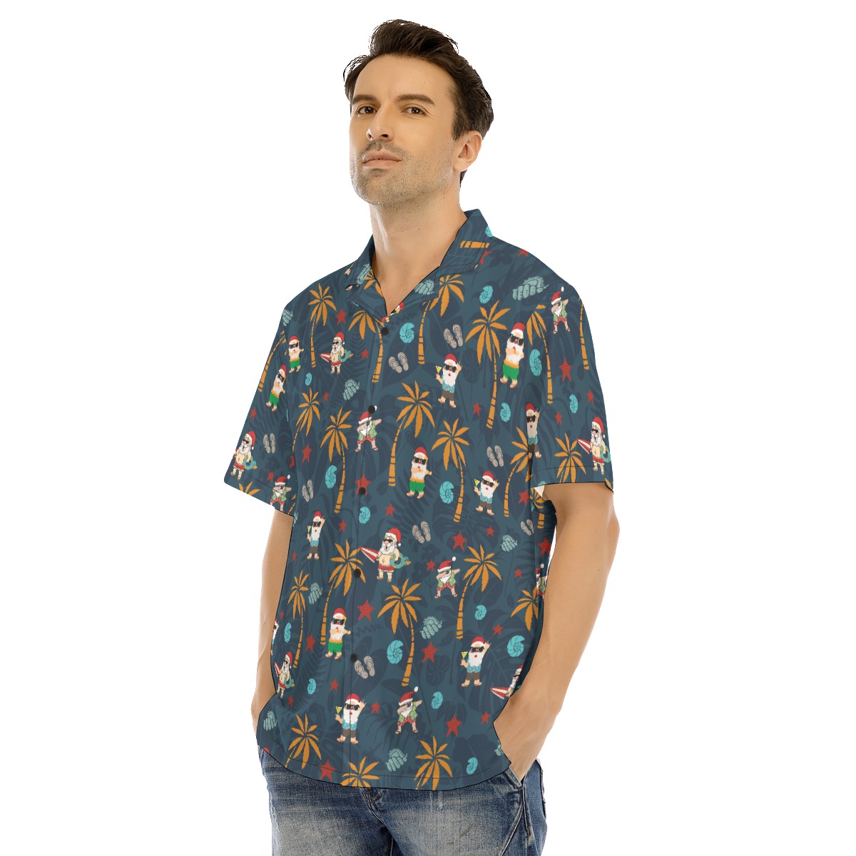 Funny Santa On Beach Navy Hawaiian Shirt