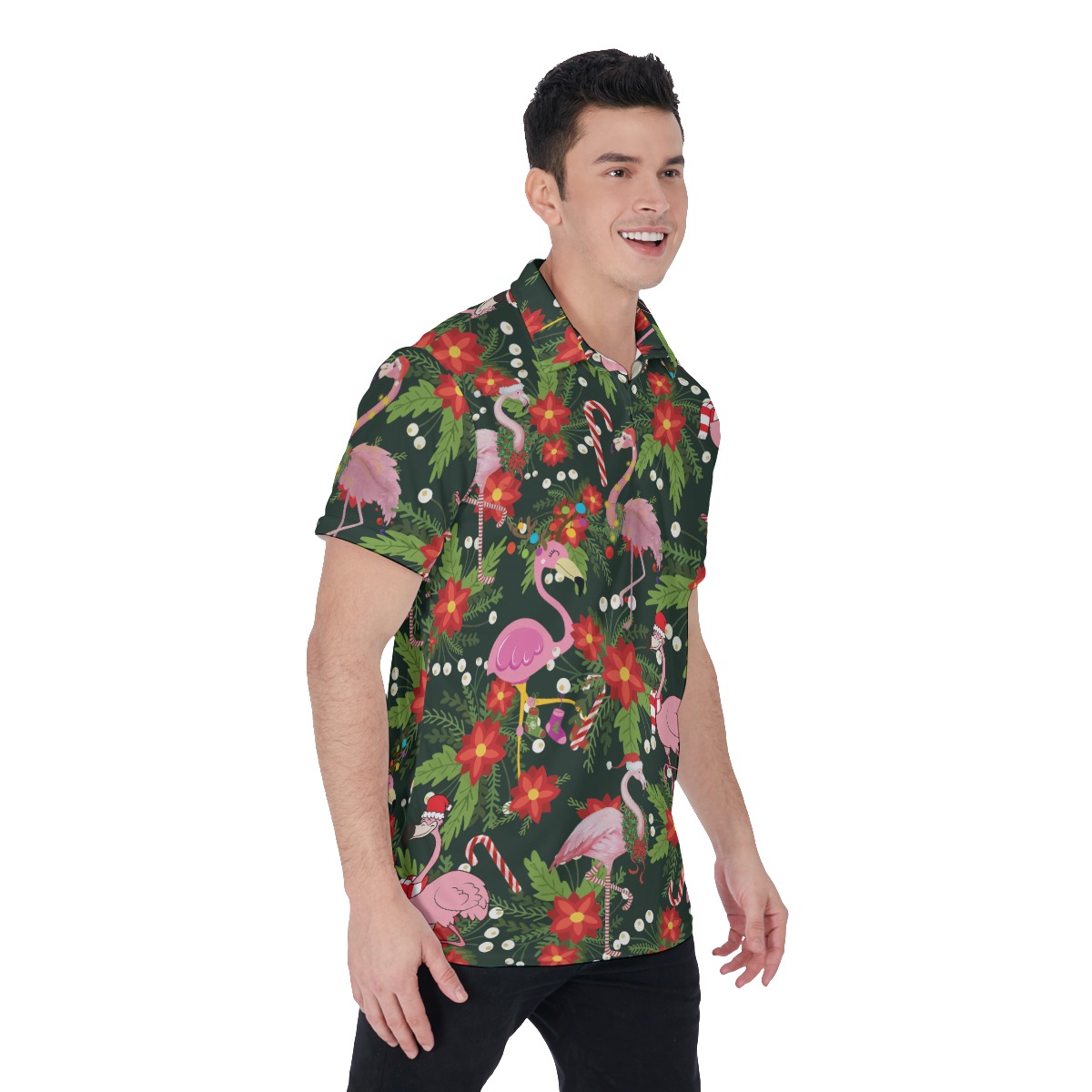 Floral Christmas Flamingo Polo Hawaiian Shirt For Men