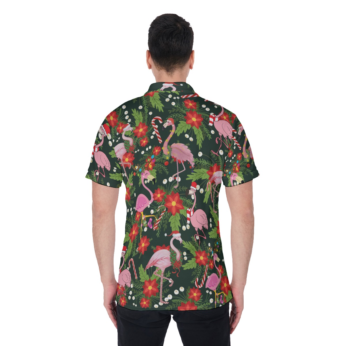 Floral Christmas Flamingo Polo Hawaiian Shirt For Men
