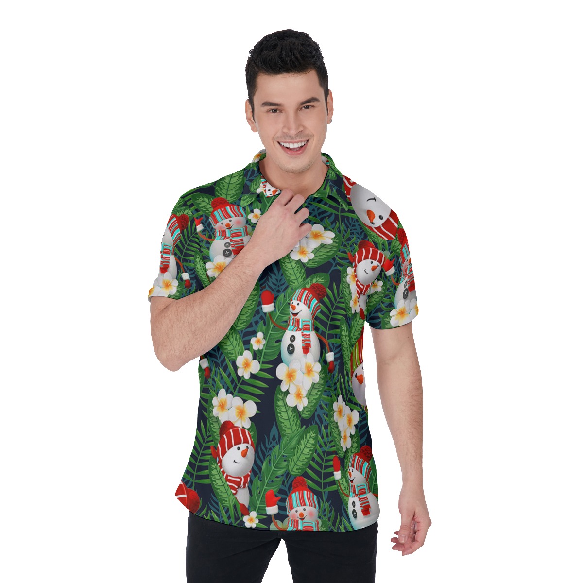 Men's Lovely Snowman Green Christmas Polo Hawaiian Shirt - variant image 1