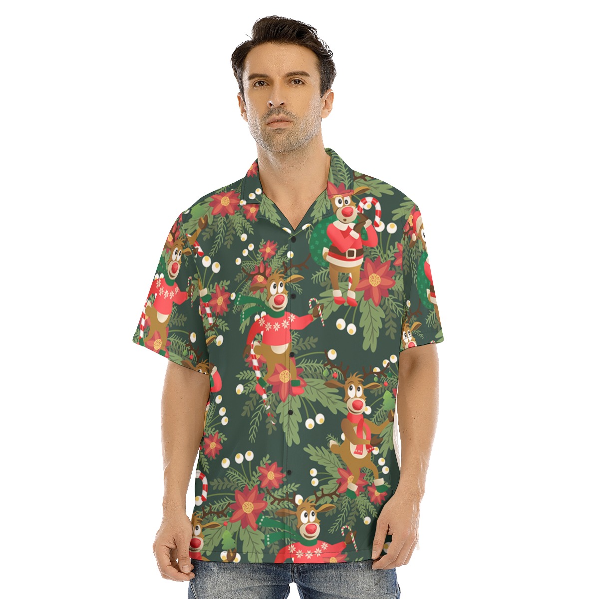 Men's Cute Reindeer Poinsettia Hawaiian Shirt - variant image 1