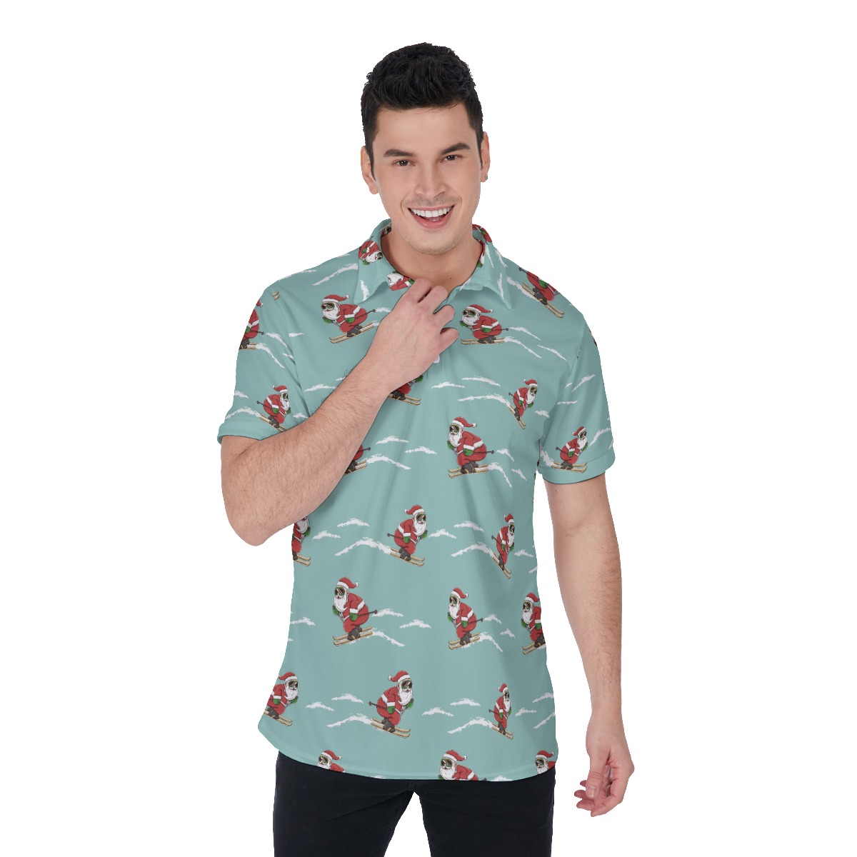 Skiing Santa Claus Christmas Hawaiian Polo Shirt For Men - variant image 1