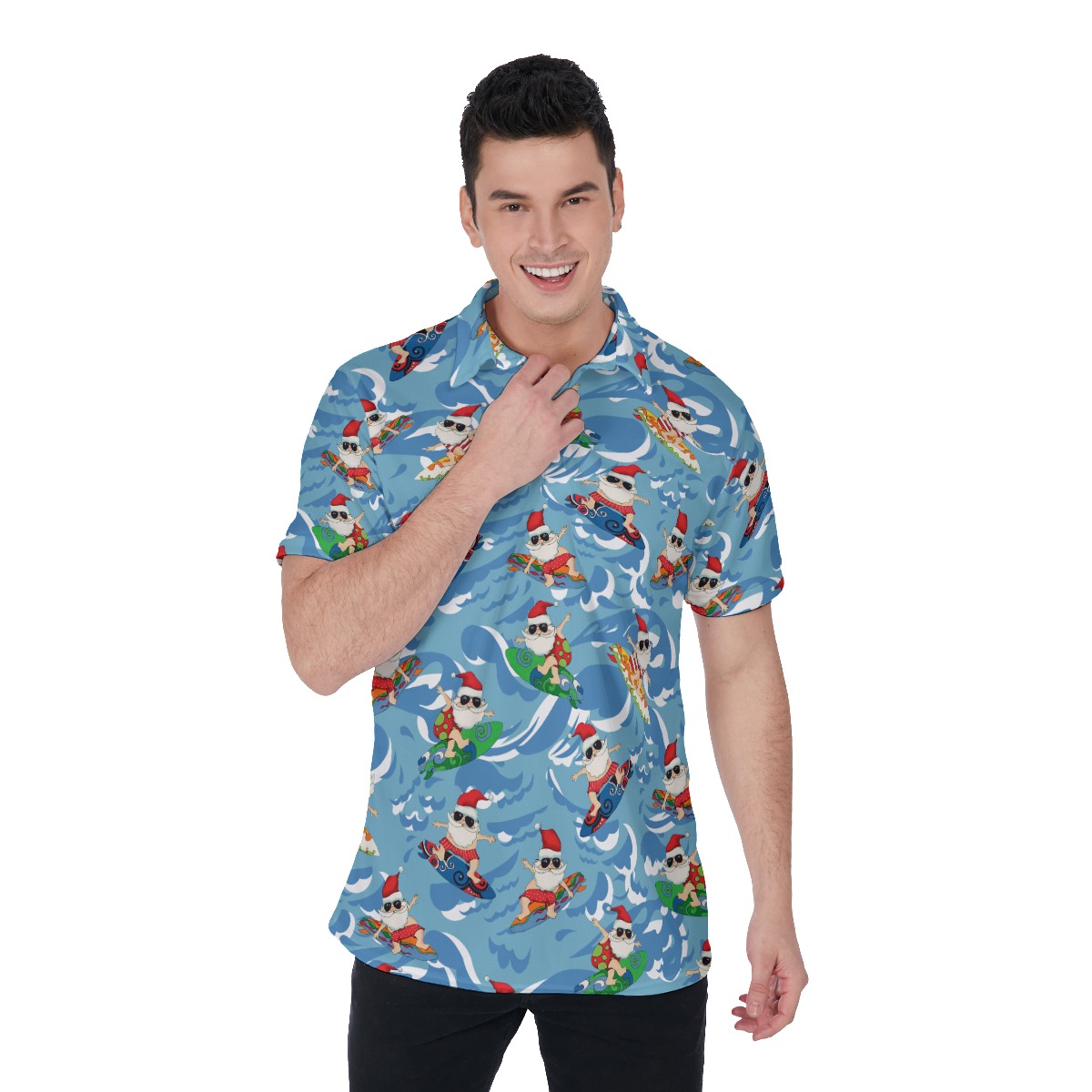 Men's Summer Surfing Santa Blue Polo Hawaiian Shirt - variant image 1