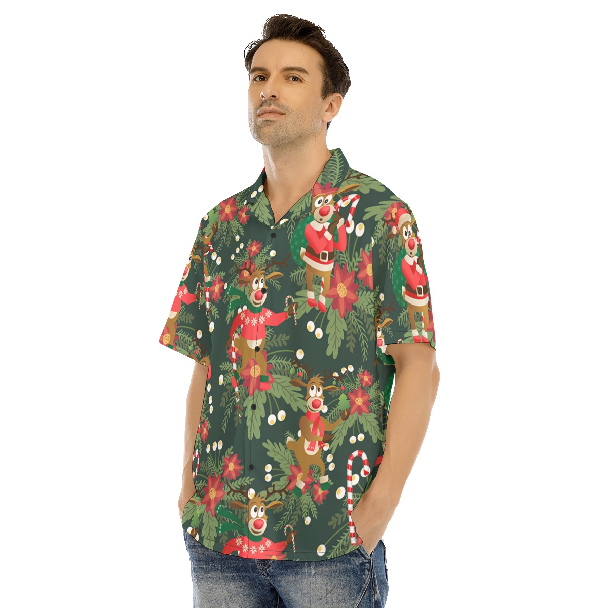 Men's Cute Reindeer Poinsettia Hawaiian Shirt