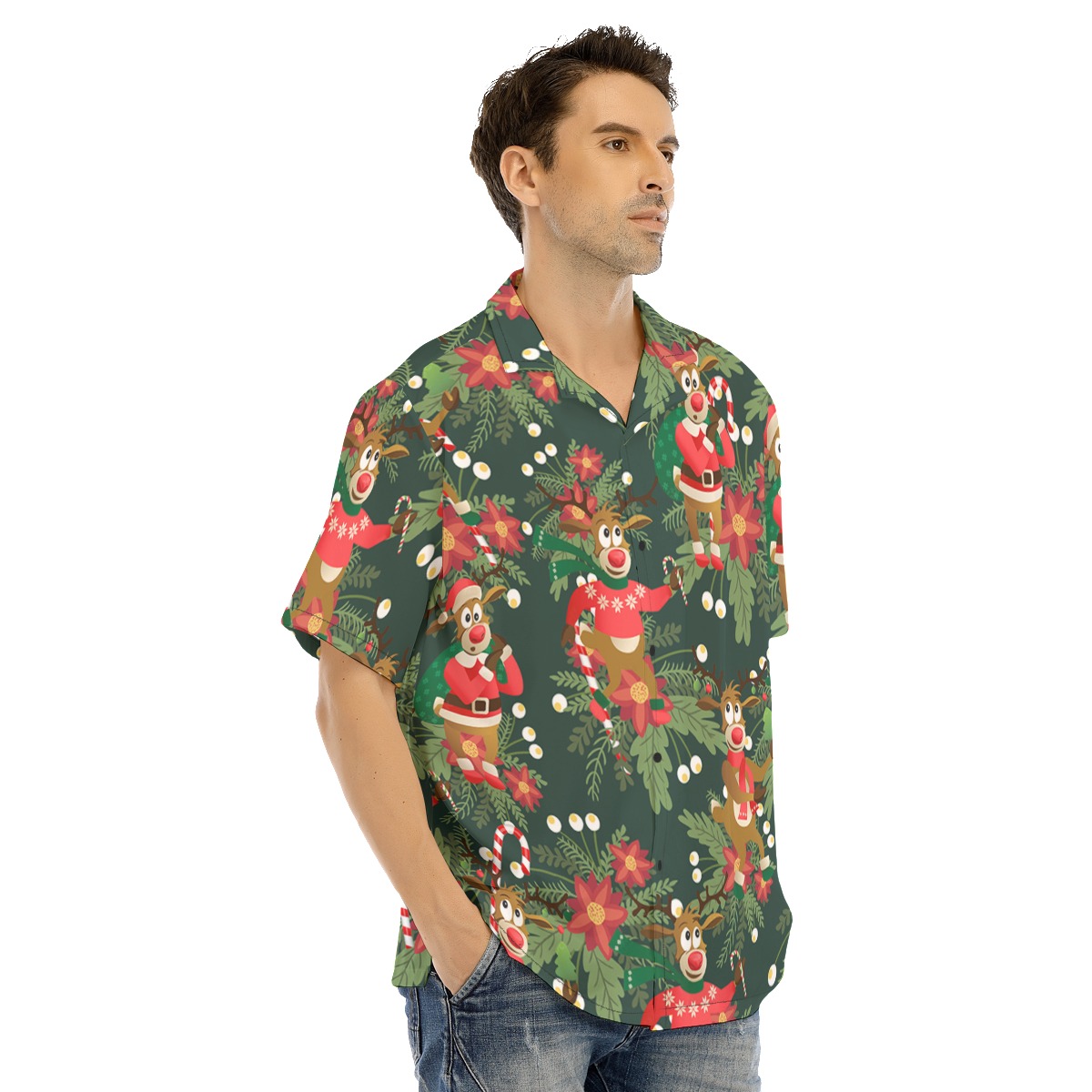Men's Cute Reindeer Poinsettia Hawaiian Shirt