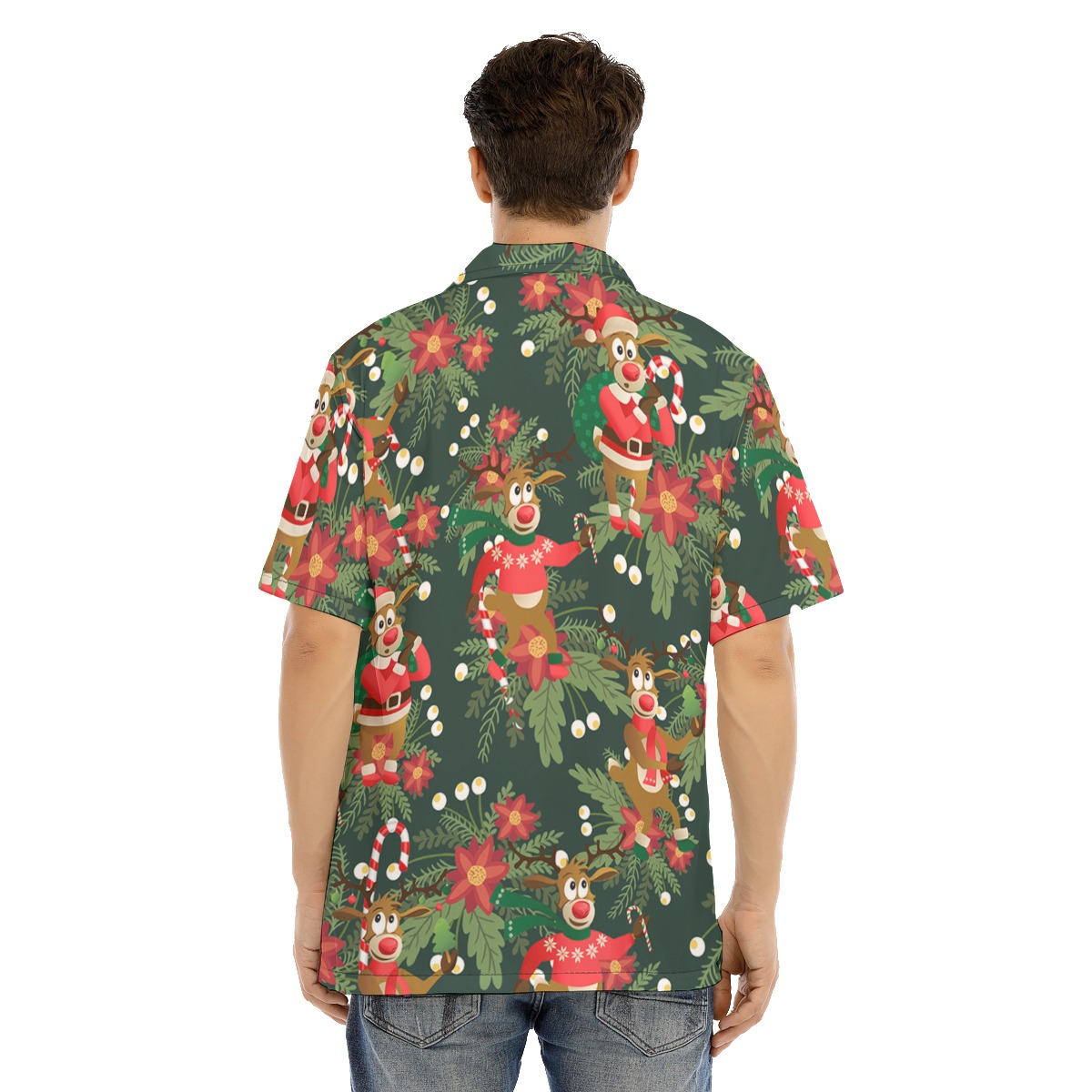 Men's Cute Reindeer Poinsettia Hawaiian Shirt