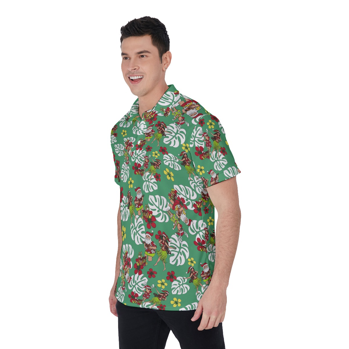 Hula Girl And Santa Christmas Polo Hawaiian Shirt For Men