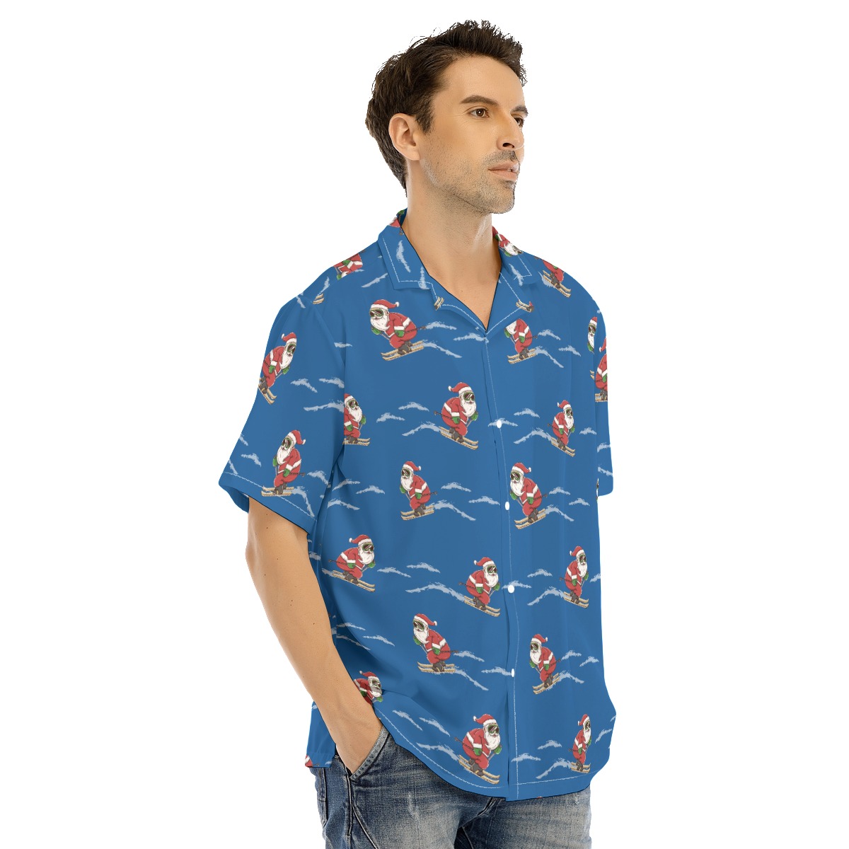 Cool Skiing Santa Claus Blue Hawaiian Shirt For Men