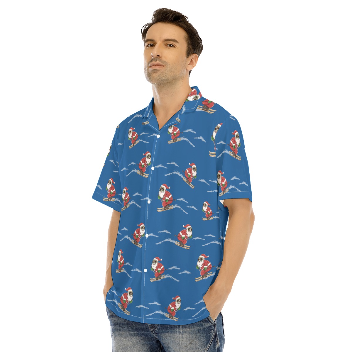 Cool Skiing Santa Claus Blue Hawaiian Shirt For Men