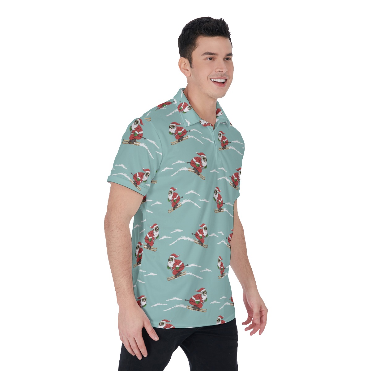 Skiing Santa Claus Christmas Hawaiian Polo Shirt For Men