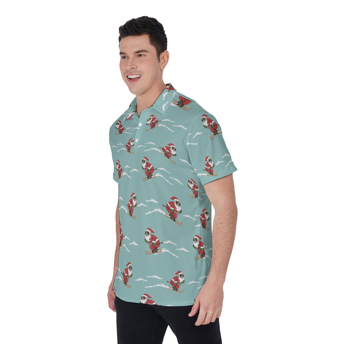 Skiing Santa Claus Christmas Hawaiian Polo Shirt For Men