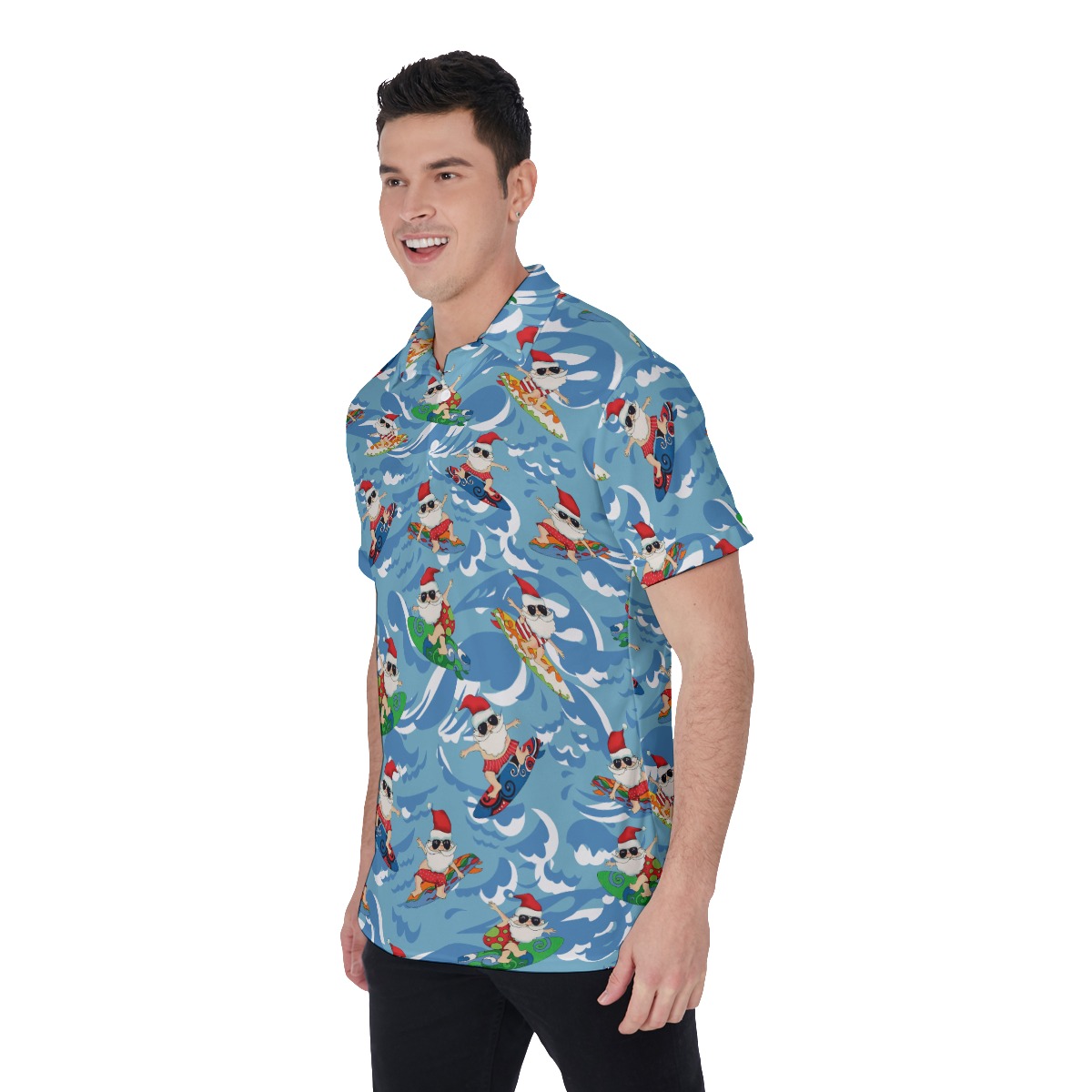 Men's Summer Surfing Santa Blue Polo Hawaiian Shirt