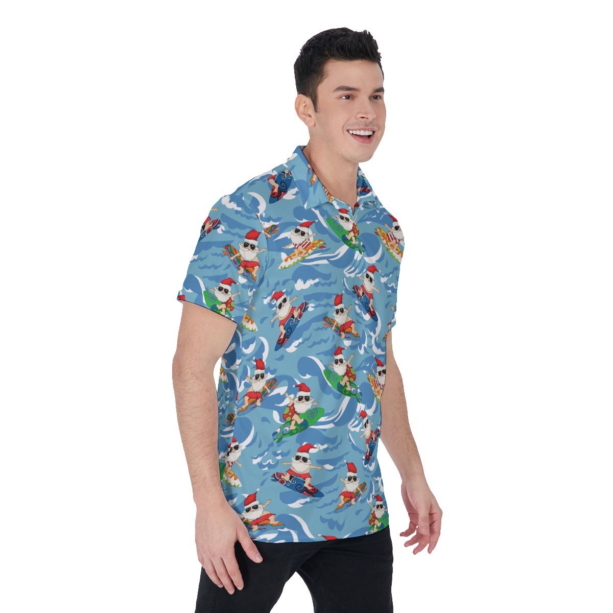 Men's Summer Surfing Santa Blue Polo Hawaiian Shirt