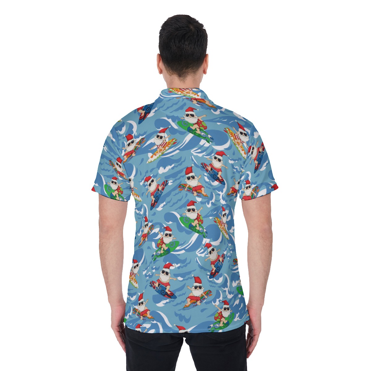 Men's Summer Surfing Santa Blue Polo Hawaiian Shirt