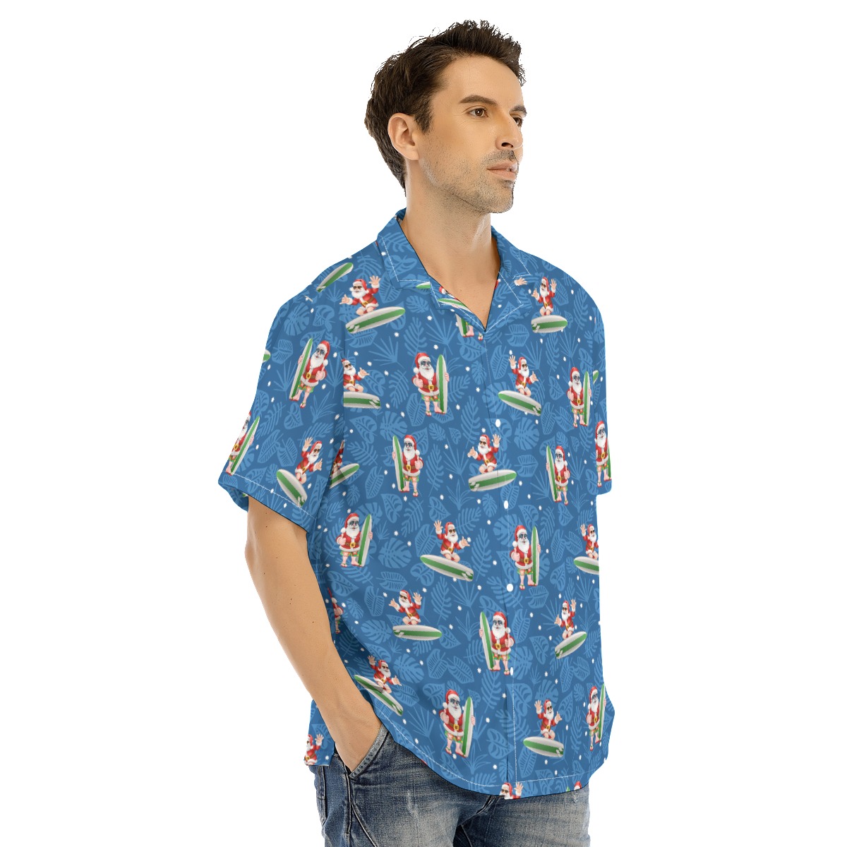 Men's Surfing Santa Blue Hawaiian Shirt