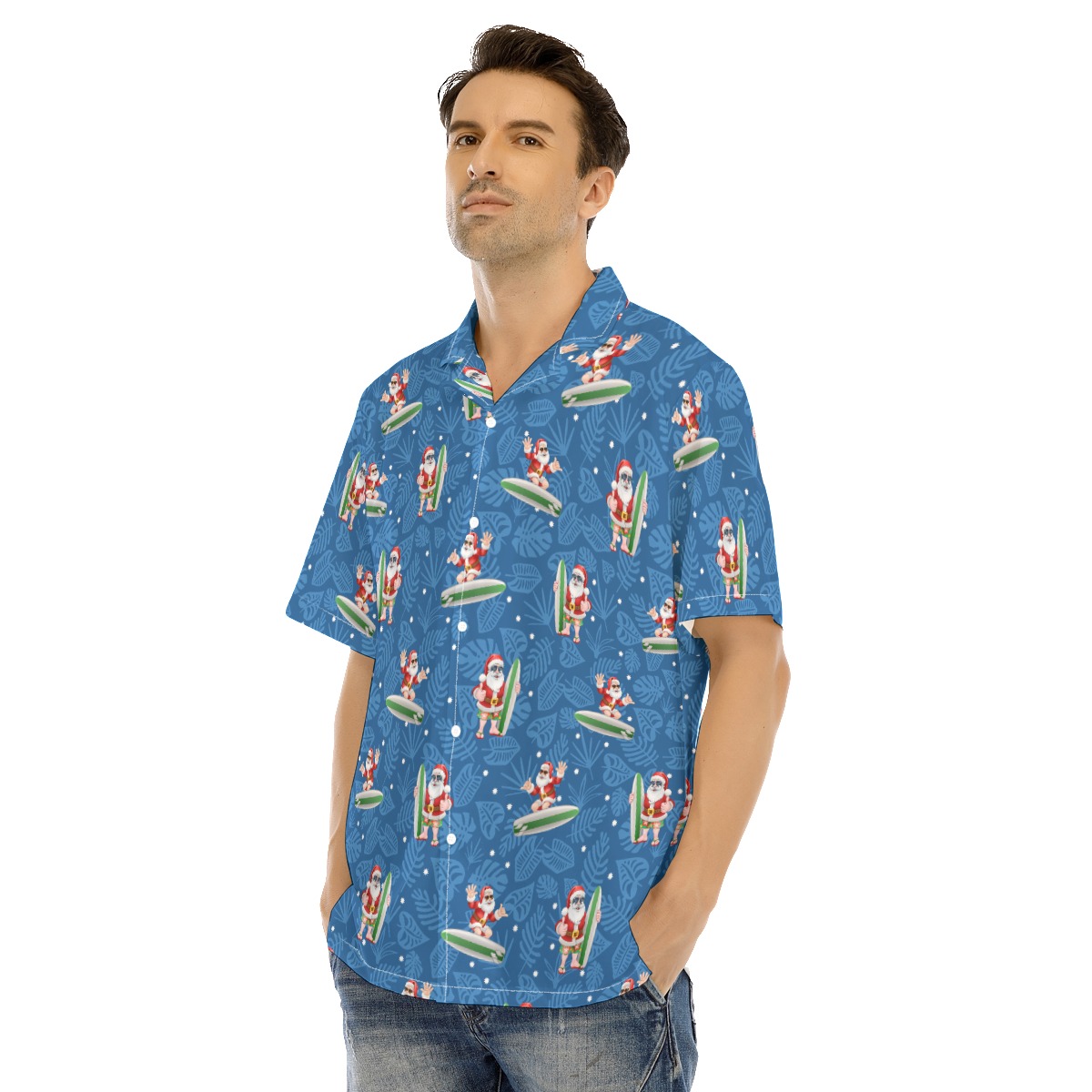 Men's Surfing Santa Blue Hawaiian Shirt