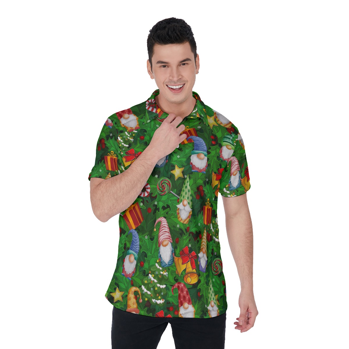 Tropical Gnomes Green Hawaiian Polo Shirt For Men - variant image 1