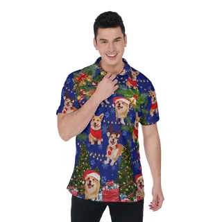 Men's Lovely Dog Blue Christmas Hawaiian Polo Shirt