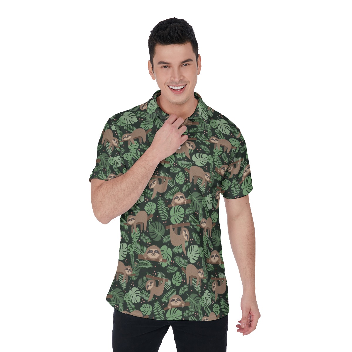 Men's Lazy Sloth Green Hawaiian Polo Shirt - variant image 1