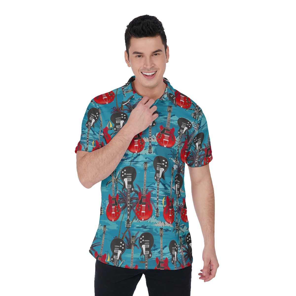 Electric Guitar Musical Blue Hawaiian Polo Shirt For Men - variant image 1