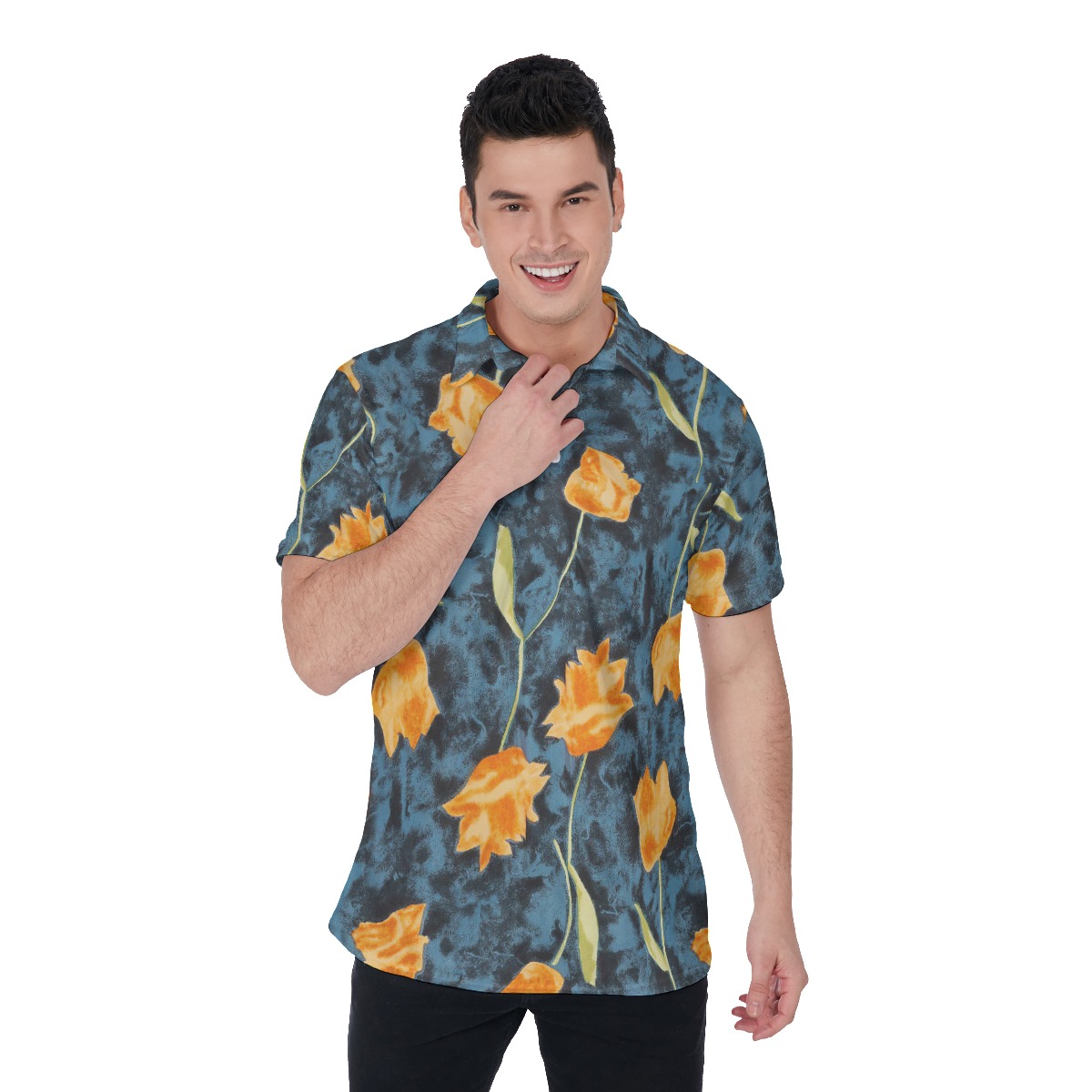 Orange Flowers Summer Hawaiian Polo Shirt For Men - variant image 1