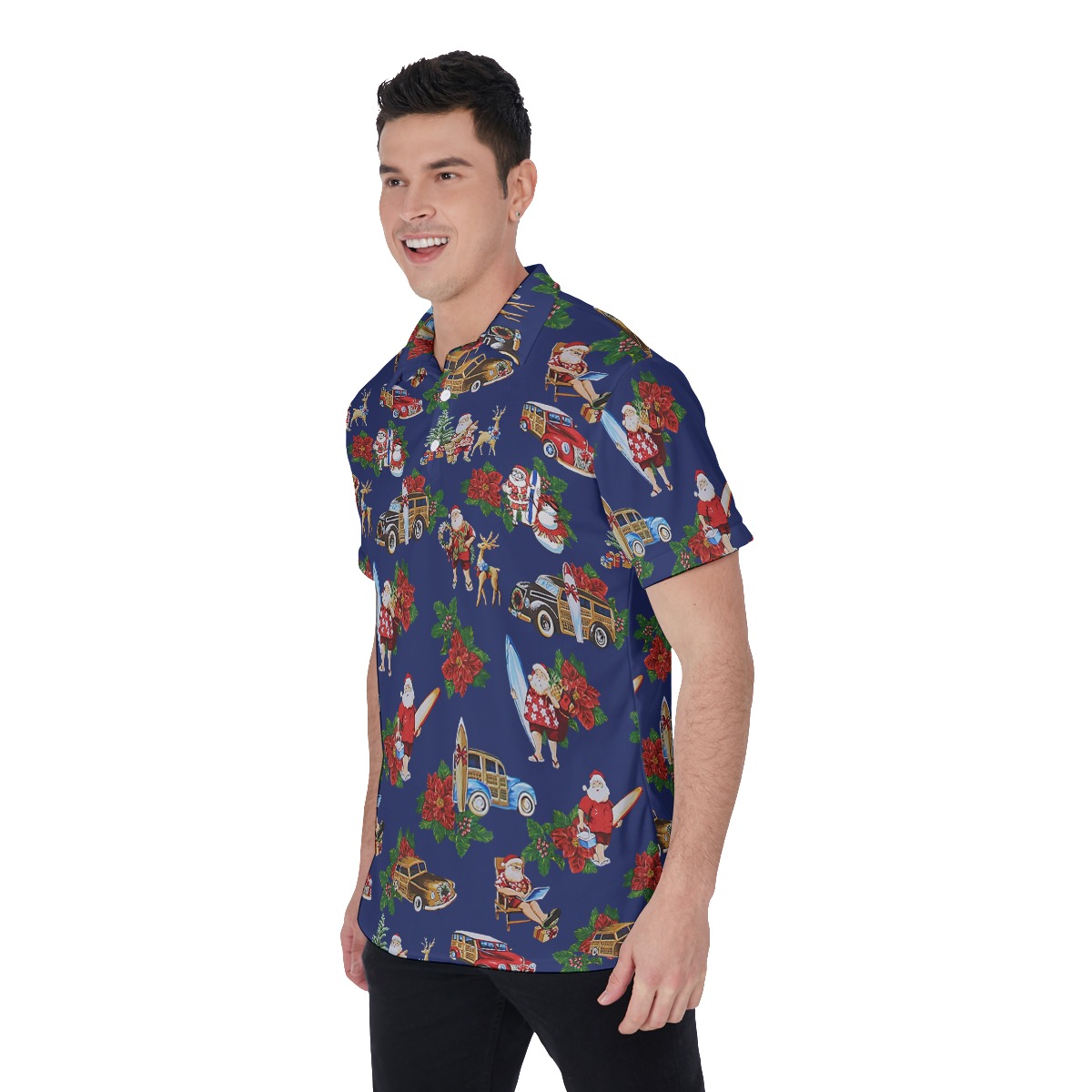 Tropical Santa Blue Hawaiian Polo Shirt For Men