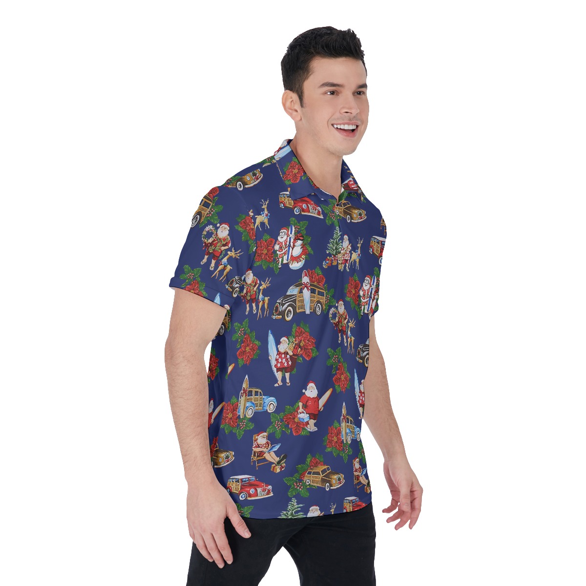 Tropical Santa Blue Hawaiian Polo Shirt For Men