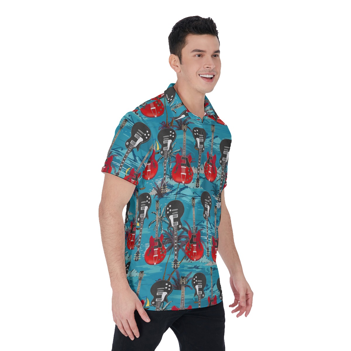 Electric Guitar Musical Blue Hawaiian Polo Shirt For Men