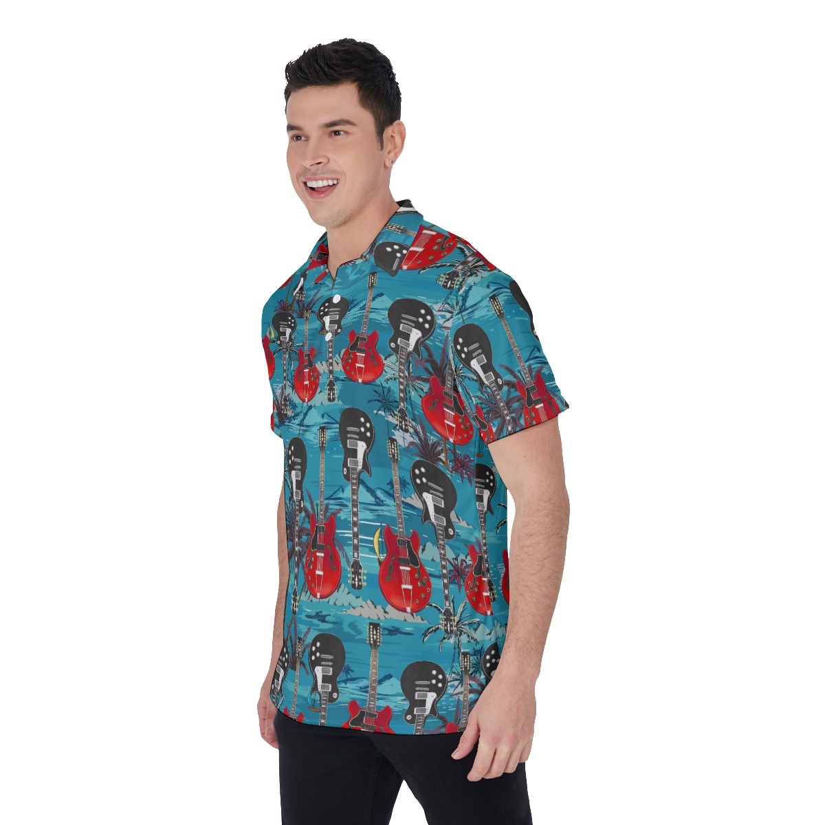 Electric Guitar Musical Blue Hawaiian Polo Shirt For Men