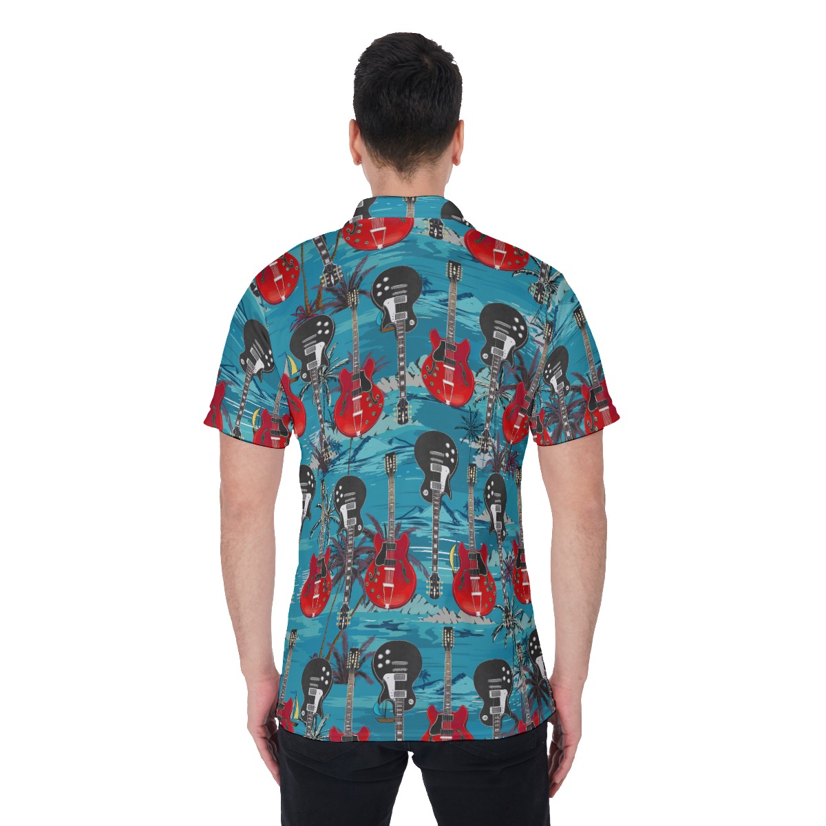 Electric Guitar Musical Blue Hawaiian Polo Shirt For Men