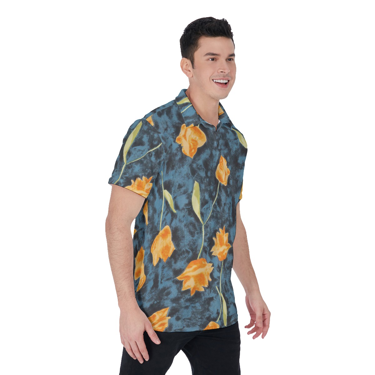 Orange Flowers Summer Hawaiian Polo Shirt For Men