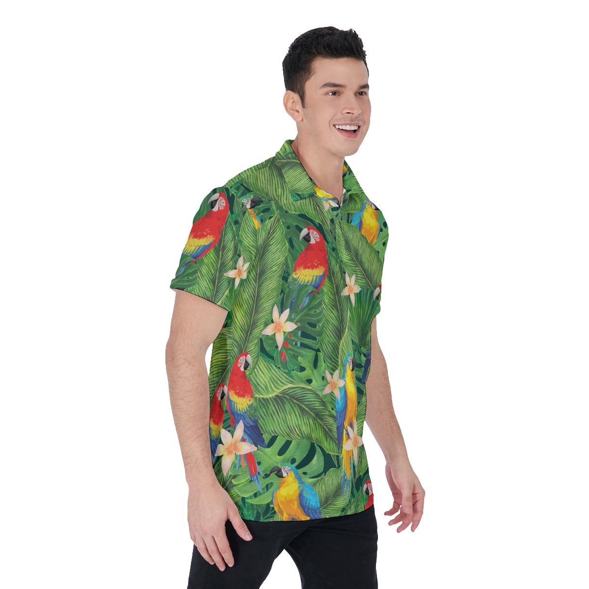 Tropical Bird Green Hawaiian Polo Shirt For Men