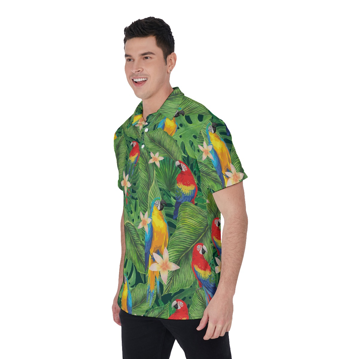 Tropical Bird Green Hawaiian Polo Shirt For Men