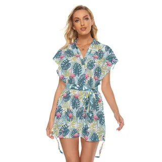 Tropical Leaves Flamingo Green Hawaiian Dress With Belt For Women