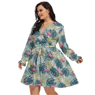 Tropical Flamingo Green Aloha V-Neck Dress Plus Size