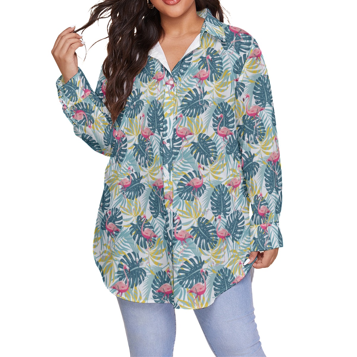 Tropical Flamingo Women's Green Hawaiian Plus Size Shirt - variant image 1