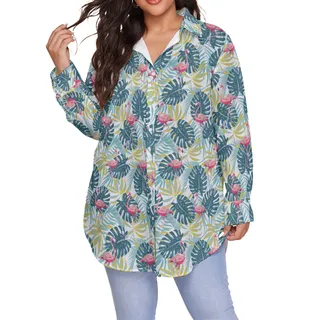 Tropical Flamingo Women's Green Hawaiian Plus Size Shirt