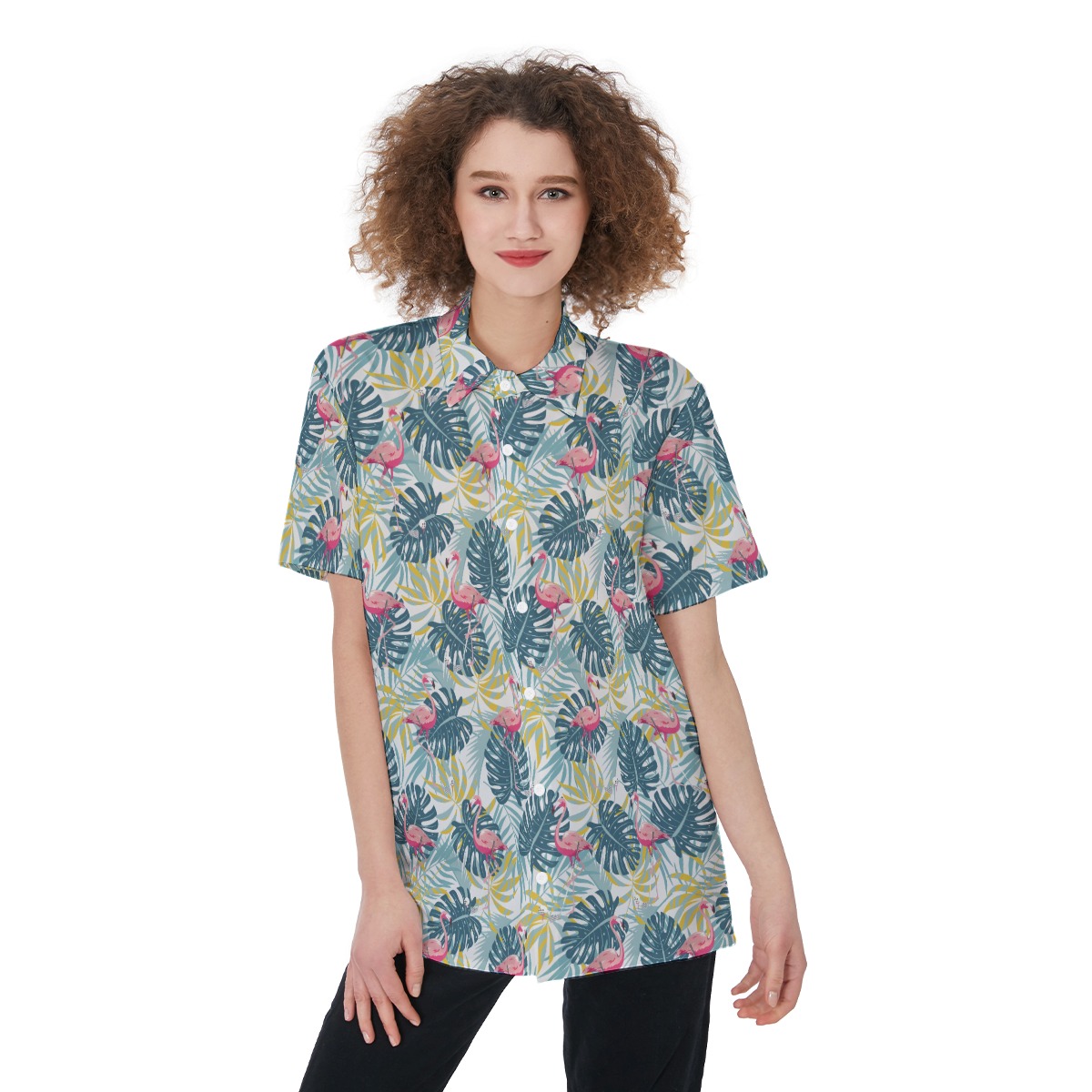 Tropical Flamingo Green Aloha Shirt For Women - variant image 1