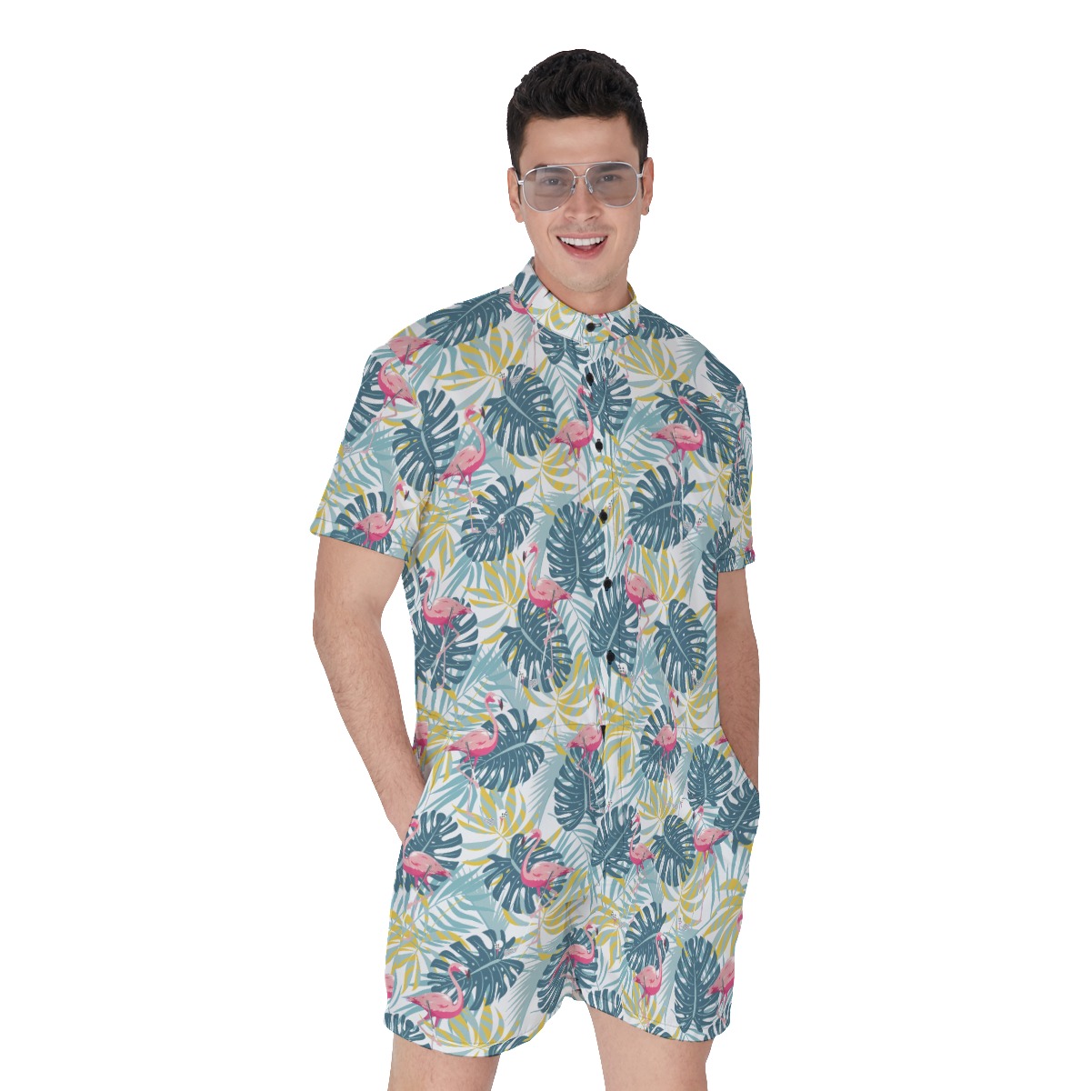 Tropical Flamingo Green Hawaiian Romper For Men - variant image 1