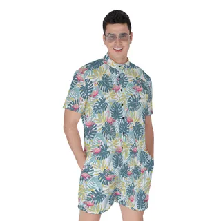 Tropical Flamingo Green Hawaiian Romper For Men