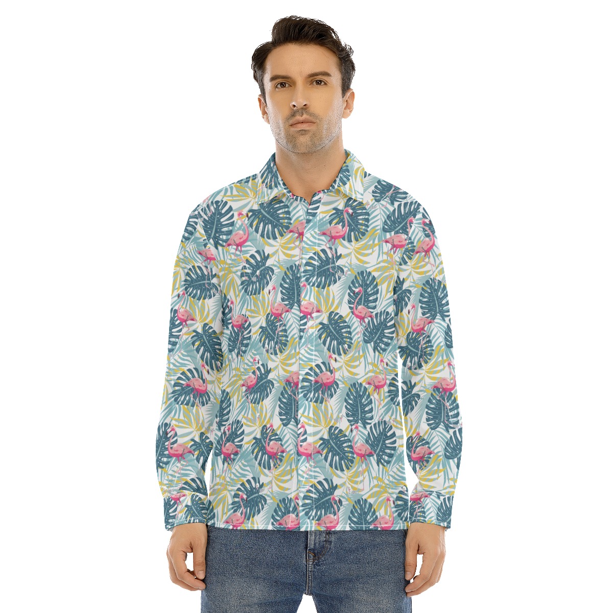 Tropical Leaves Flamingo Aloha Long Sleeve Shirt For Men - variant image 1