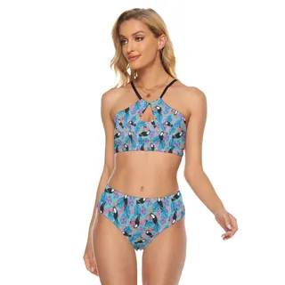 Floral Toucans Blue Summer Two-pieces Swimsuit For Women